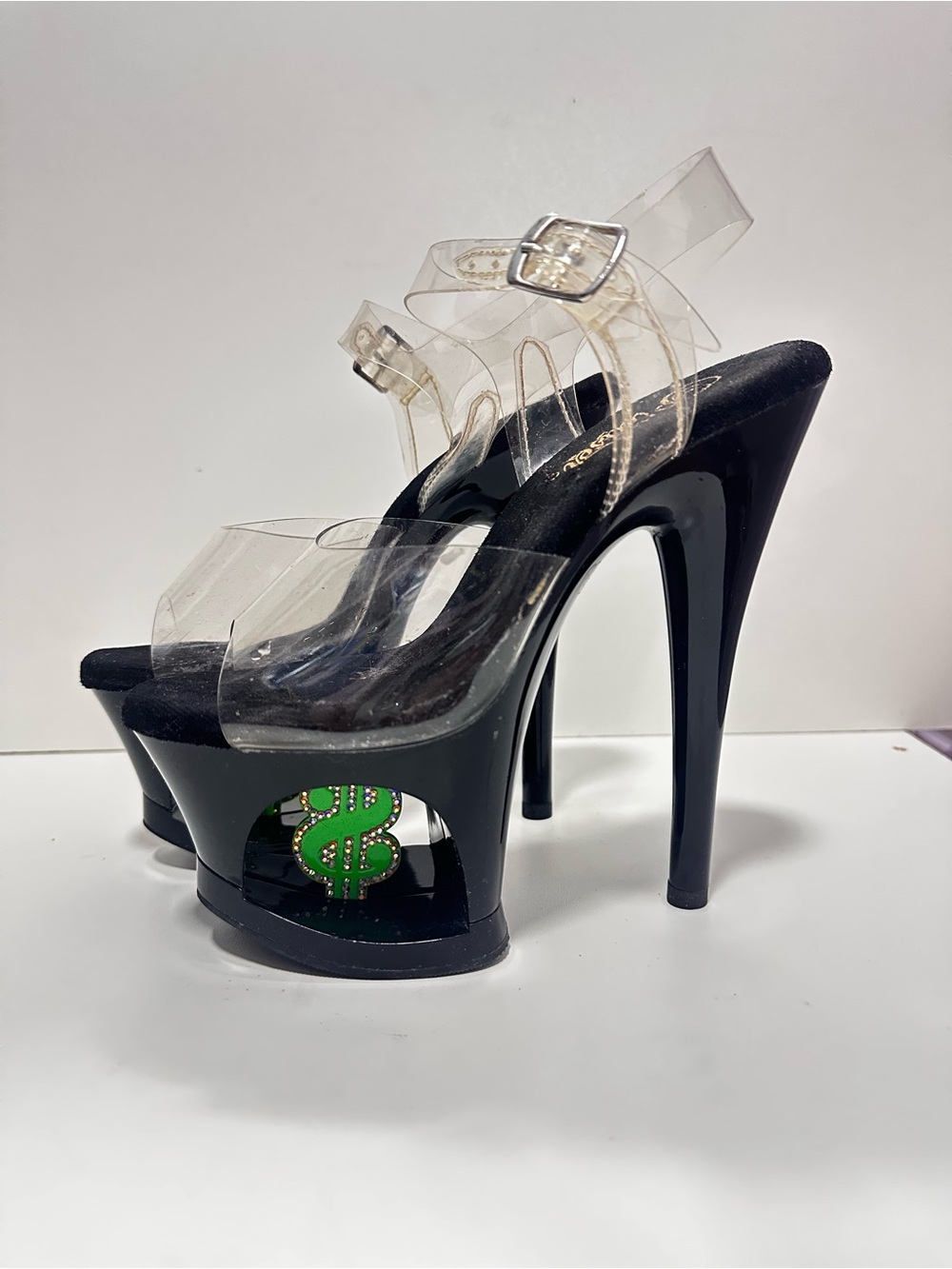 7" Black Clear Stripper High Heels Money $ Dollar Sign Pleaser Pole Dance Shoes